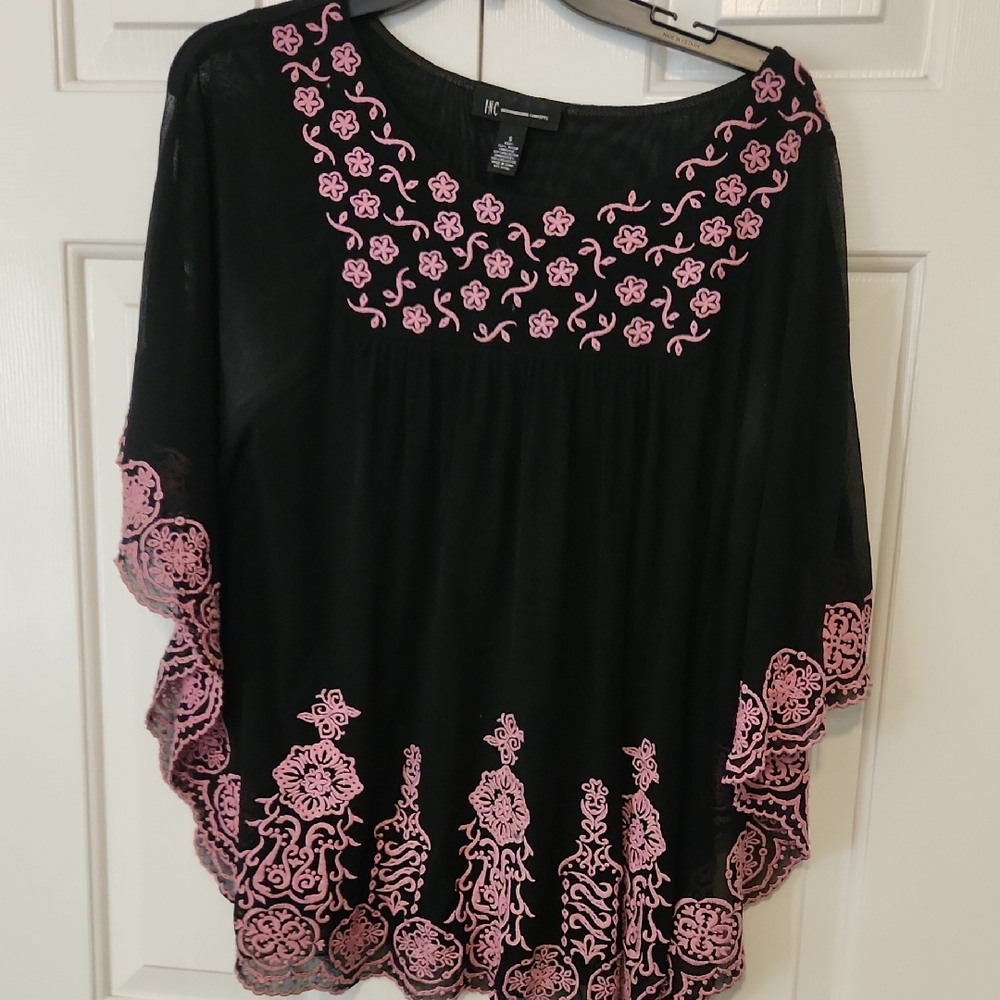 INC International Concepts Black Blouse with Pink Embroidery
